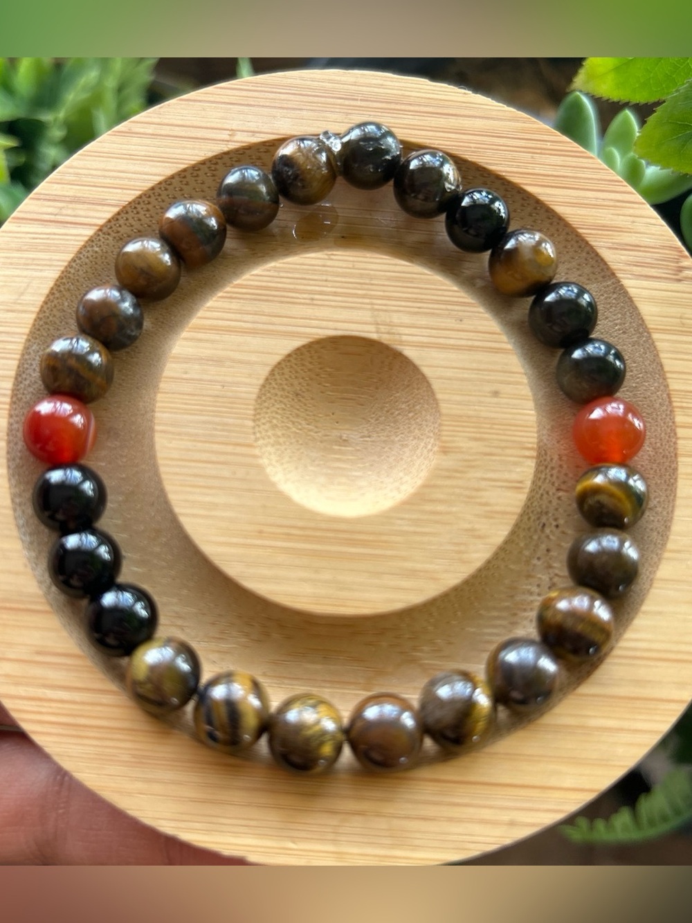 Tiger Eye & Black Obsidian Beaded Stretch Bracelet with Accent Carnelian Beads